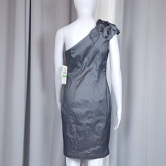 S.L. Fashions Cap Slv Petal One Shldr Sheath Dress Size 8 Color is Nickel (NWT) - Picture 5 of 16